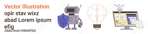 Technology, cybersecurity, innovation, automation, financial management, conceptual design. A robot holding a shield, a glowing light bulb and an invoicing-themed screen. Technology