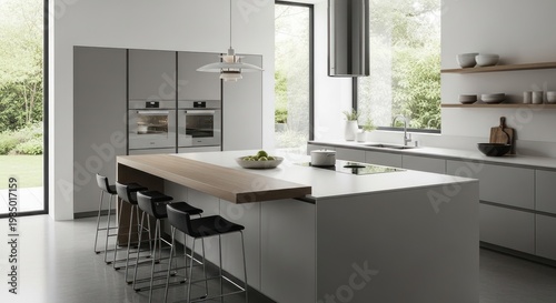 Modern minimalist kitchen design with island counter and bar stools