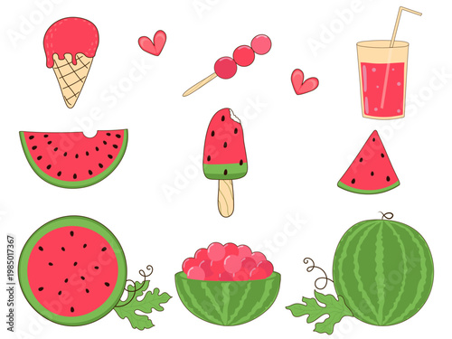 Cute Watermelon Summer Set – Hand Drawn Vector Collection of Fruits, Desserts and Drinks