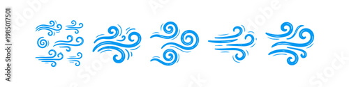 Hand-drawn blue wind swirls and breeze icons set. Minimalist doodle style vector illustrations of air movement, gusts, and flowing weather symbols isolated on white background.