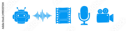 Hand-drawn set of five blue icons including a robot, sound wave, film strip, microphone, and movie camera. Creative sketch style icons for media, technology, and content creation.