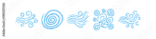 Set of hand-drawn blue wind and air current icons. Doodle-style sketches of swirling breezes, gusts, and storm swirls isolated on a white background.