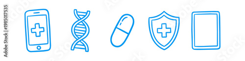 Hand-drawn blue medical icons on white background. Set includes telemedicine smartphone, DNA strand, pill capsule, health insurance shield, and digital tablet for healthcare and science concepts.
