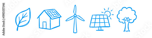 Blue hand-drawn sketches of eco-friendly icons: leaf, solar house, wind turbine, solar panel, and tree. Concept of renewable energy and sustainability in a doodle style.