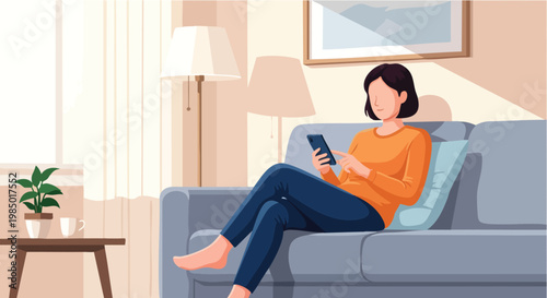 Woman Relaxing on Sofa and Using Smartphone in Modern Cozy Living Room Illustration