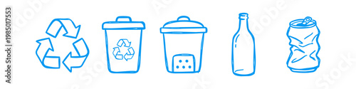 Set of blue hand-drawn icons featuring a recycle symbol, trash bins, a glass bottle, and a crushed can. Ideal for eco-friendly, sustainability, and waste management concepts.