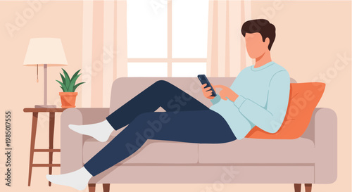 Man Relaxing on Sofa and Using Smartphone in Cozy Living Room Vector Illustration