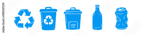 Blue illustrated set of recycling icons featuring a universal recycle symbol, trash bins, a glass bottle, and a crushed aluminum can on a white background for eco-friendly sustainability concepts.