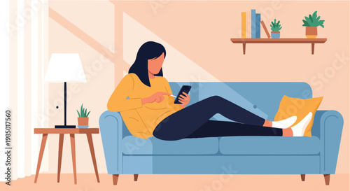 Woman relaxing on a sofa using a smartphone in a cozy living room vector illustration