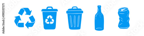 Set of blue recycling and waste management icons featuring a recycle symbol, trash bins, a glass bottle, and a crushed aluminum can on a white background.