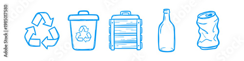 Set of hand-drawn blue icons for recycling and waste management, featuring a recycling symbol, trash bin, wooden crate, glass bottle, and crushed can on white background.