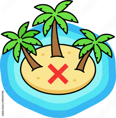 Tropical Island Top View Vector Icon, Flat Desert Island with Palm Trees Red X Mark Blue Water Summer Vacation Symbol