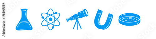 Set of blue science icons featuring a laboratory flask, atom model, telescope, magnet, and petri dish. Hand-drawn flat vector illustrations for education, research, and school chemistry projects.