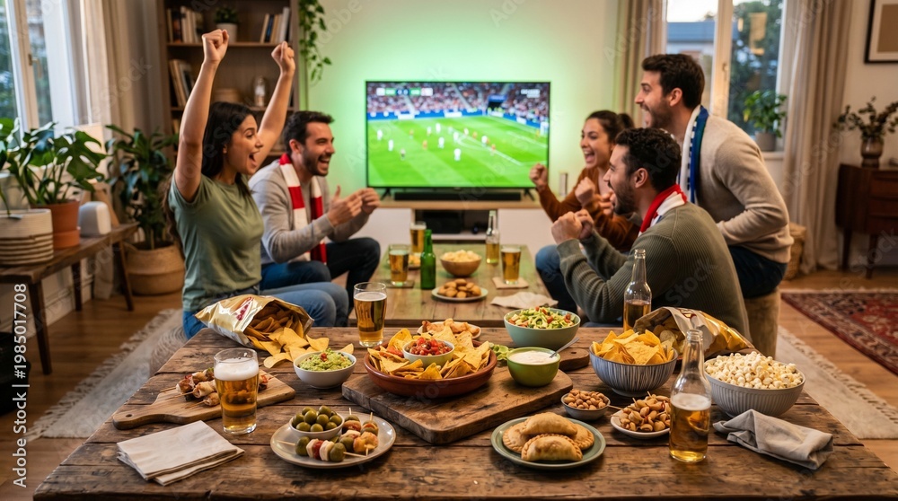 Fototapeta premium Group of Friends Watching Soccer Game at Home with Snacks on Table