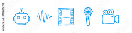 Set of hand-drawn blue media and technology icons including a robot, sound wave, film strip, microphone, and video camera. Isolated doodle sketches for content creation and AI concepts.