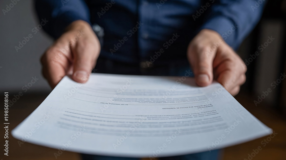 Fototapeta premium Close up of a businessman holding an official document for a contract agreement in a legal office