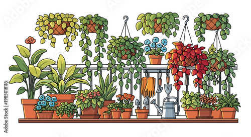 Colorful collection of potted plants on a balcony with gardening tools nearby