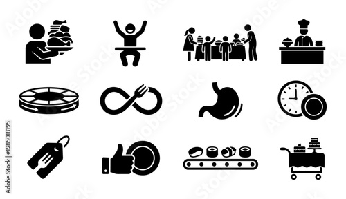 All You Can Eat Buffet Concept Silhouettes, Dining Experience and Food Abundance Icons