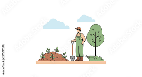 Man in green overalls standing with a shovel next to a tree and pile of soil outdoors