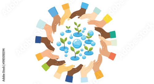 Diverse group of people joining hands around growing plants and water droplets in a circle formation