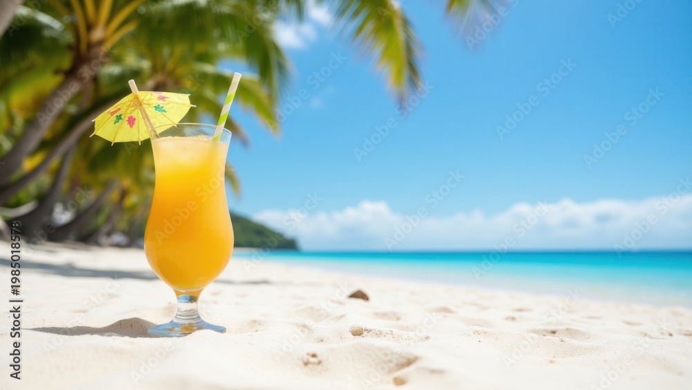 Obraz premium A tropical beach scene with a pineapple cocktail on the sand. Ideal for vacation or holiday relaxation.