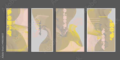 Elegant natural pastel muted pale calm tones card templates set. Collection of romantic invitations with gold abstraction background line color