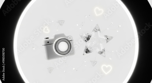 Macro White Ceramic Camera and Rock Crystal Star on High-Key White – Conceptual Social Media Influence, Digital Stardom, and Premium Content Creation Still Life