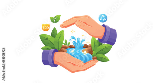 Hands protecting eco friendly environment with water and green leaves