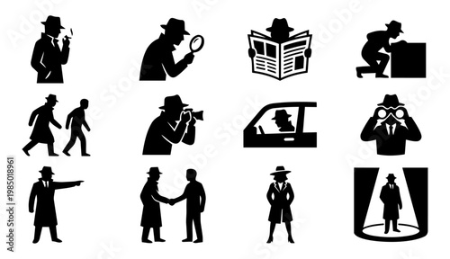Private Detective Silhouettes Set, Investigator and Noir Detective Icons