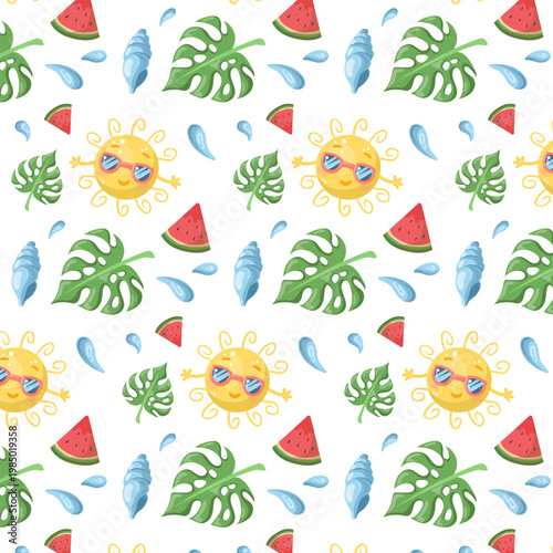 Seamless summer pattern with cute sun character tropical leaves and watermelon