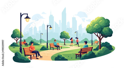 People relaxing and exercising in a city park with benches and trees