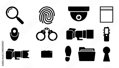 Detective and Surveillance Equipment Silhouettes, Investigation Tools and Spy Gadget Icons