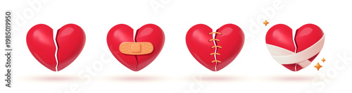 Broken hearts 3D icons set. Cartoon red hearts with plaster, bandage and stitched cracks in plasticine style. Relationship breakup. Realistic hand drawn vector illustration isolated on background
