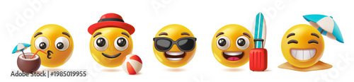 Travel 3D emoji set. Smiley face emoticons with sunglasses, beach umbrella, coconut cocktail and suitcase. Summer vacation. Cartoon hand drawn vector illustration collection isolated on background
