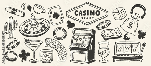 Casino doodle icons set. Gambling related sketches. Poker cards and chips, slot machines, roulette wheels, money and dice. Hand drawn vector illustration collection isolated on background