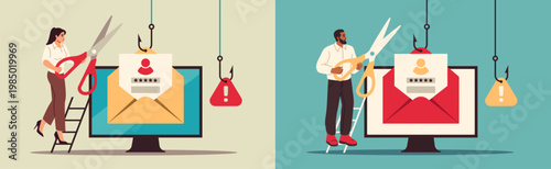 Fight against internet phishing. Man and woman with scissors cut fishing hooks that extract personal data and user information for scams and fraud. Flat hand drawn vector illustration collection