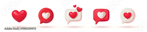 Social media likes 3D icons set. Speech bubble messages with red and beige hearts. Reaction buttons and emoji for messengers. Cartoon hand drawn vector illustration collection isolated on background