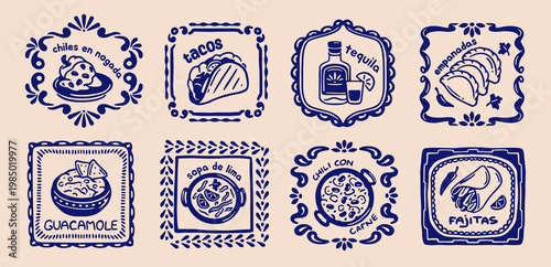 Traditional Mexican Cuisine. Set of doodle stickers featuring Mexican food, tacos, burritos, chili con carne, and guacamole. Flat hand drawn vector illustration collection isolated on background