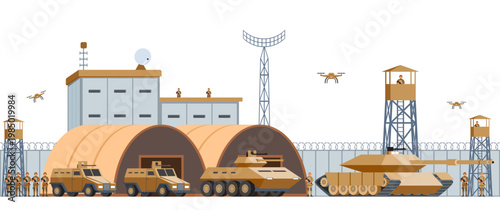 Military base. Panorama of closed military base with buildings, warehouses, military equipment, vehicles and soldiers. Army and defense industry. Flat hand drawn vector illustration