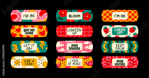 Motivational positive stickers. First aid patches or bandages with cute inscriptions and decorative elements. Inspirational medical plaster. Flat hand drawn vector illustration isolated on background