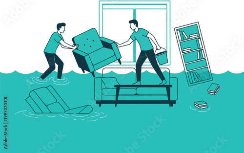 People dealing with flood damage moving furniture in a water filled room