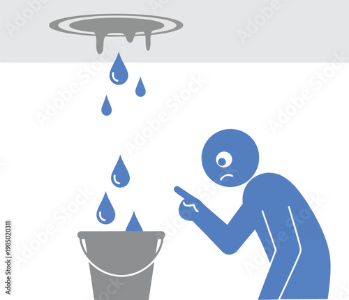 Person with bucket collecting water from leaking ceiling water damage plumbing