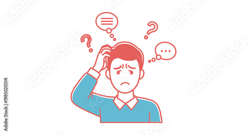 Man scratching head with confused expression and thought bubbles