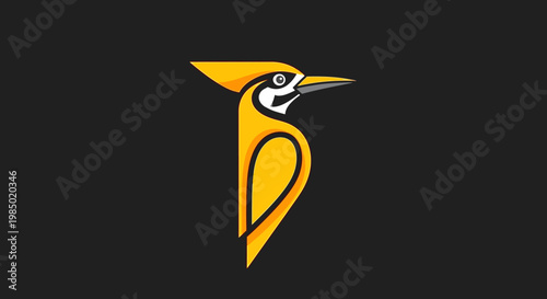 Vibrant yellow and black stylized bird illustration with a long beak and crest, modern animal logo design icon on a dark background.