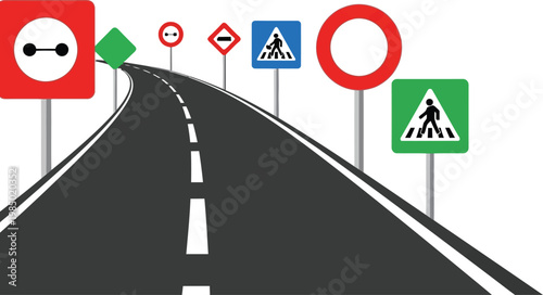 Winding road with assortment of traffic and warning signs transport navigation