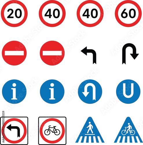 Set of international traffic information warning road signs speed limit
