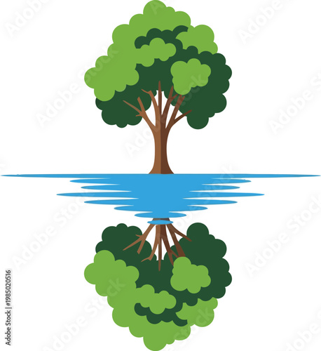 Lush green tree reflected in calm blue water surface with the image represents