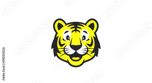 Cute friendly smiling cartoon tiger face illustration with yellow fur and black stripes, a happy wild animal mascot head graphic