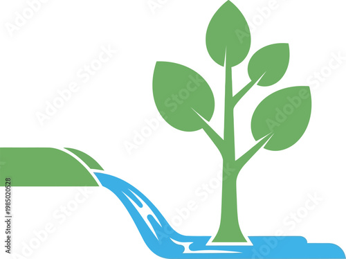 Small green plant growing from flowing water stream with imagery signifies new