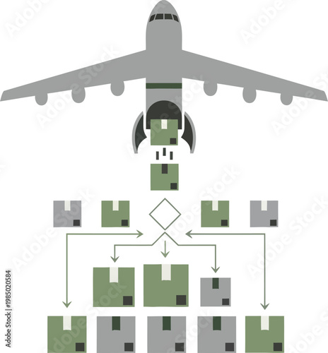Cargo plane unloading and distributing packages in logistics flow with air cargo
